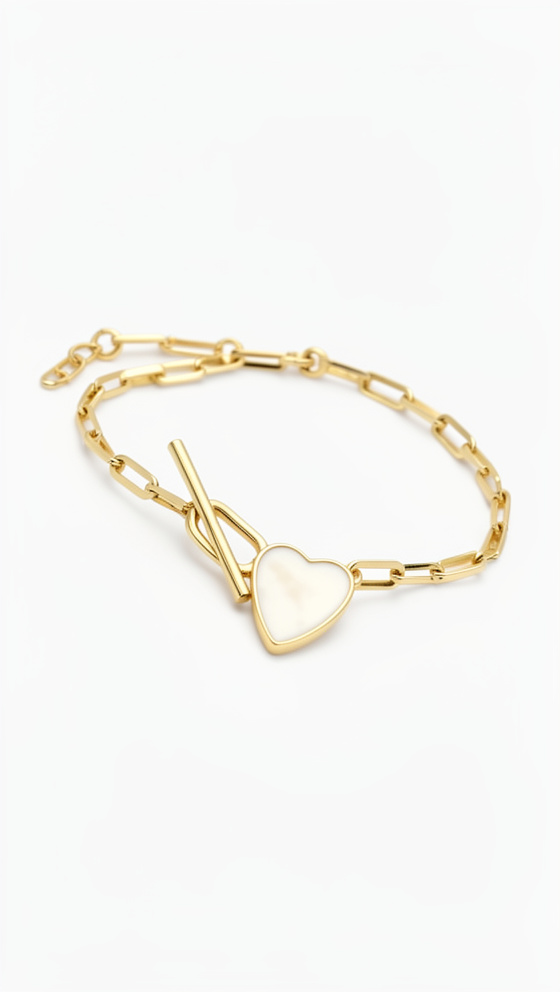 Pulsera dorada eslabones con dije corazón nácar - 1210