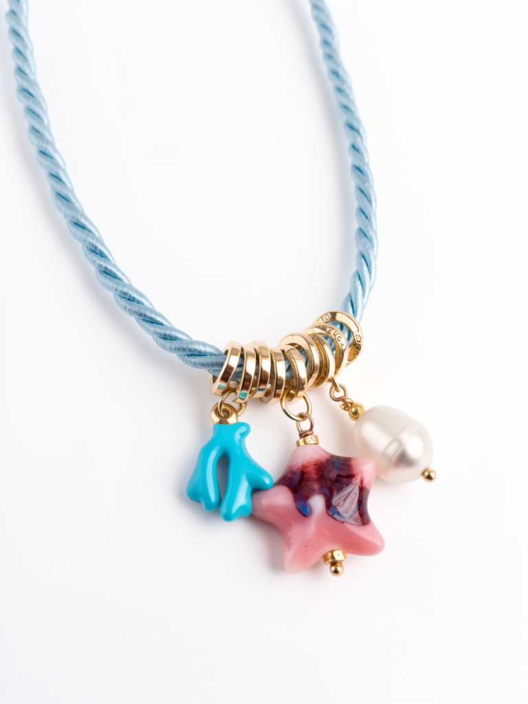 Blue Rope Necklace with Charms| Pearl, Ceramic, Enamel- coated cover