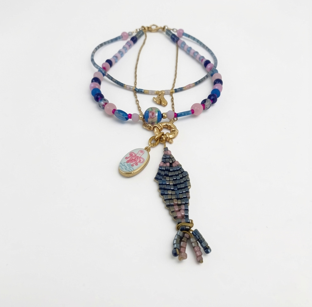 Beaded Blue Pink Multi-Layer Necklace