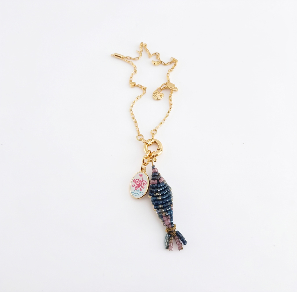 Gold Beaded Fish Necklace with extra Charm