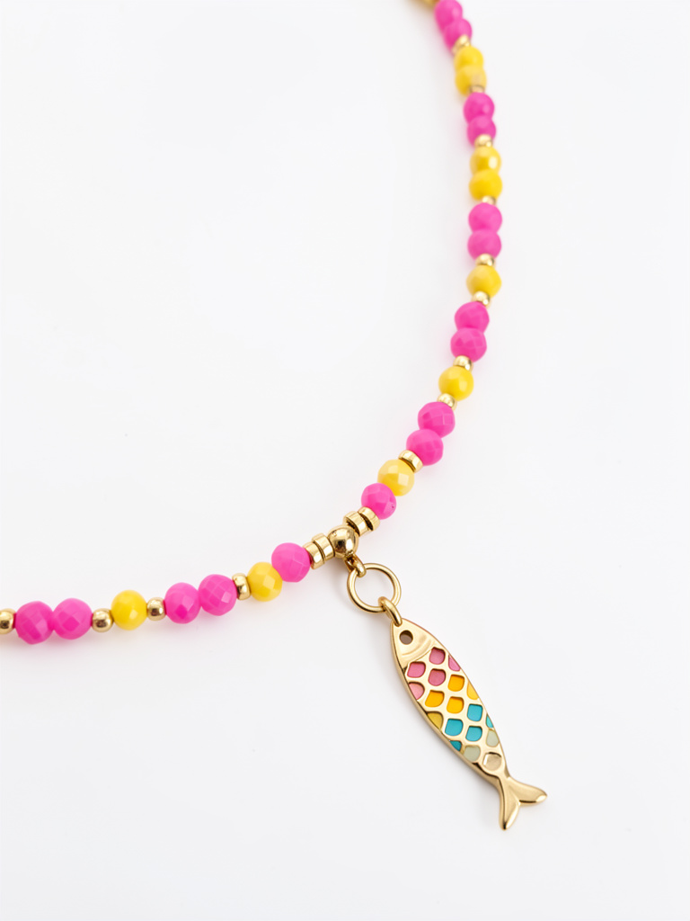 Pink Yellow Beaded Fish Charm Necklace
