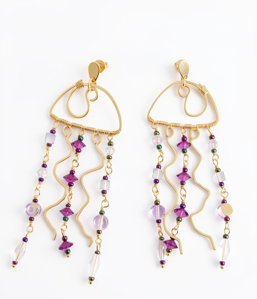 Gold Purple Jelly Fish Dangle Earrings
