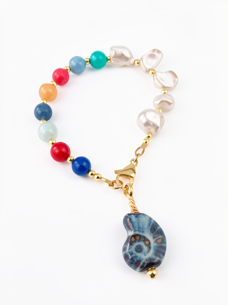 Colorful Beaded Bracelet with Ceramic Shell Pendant