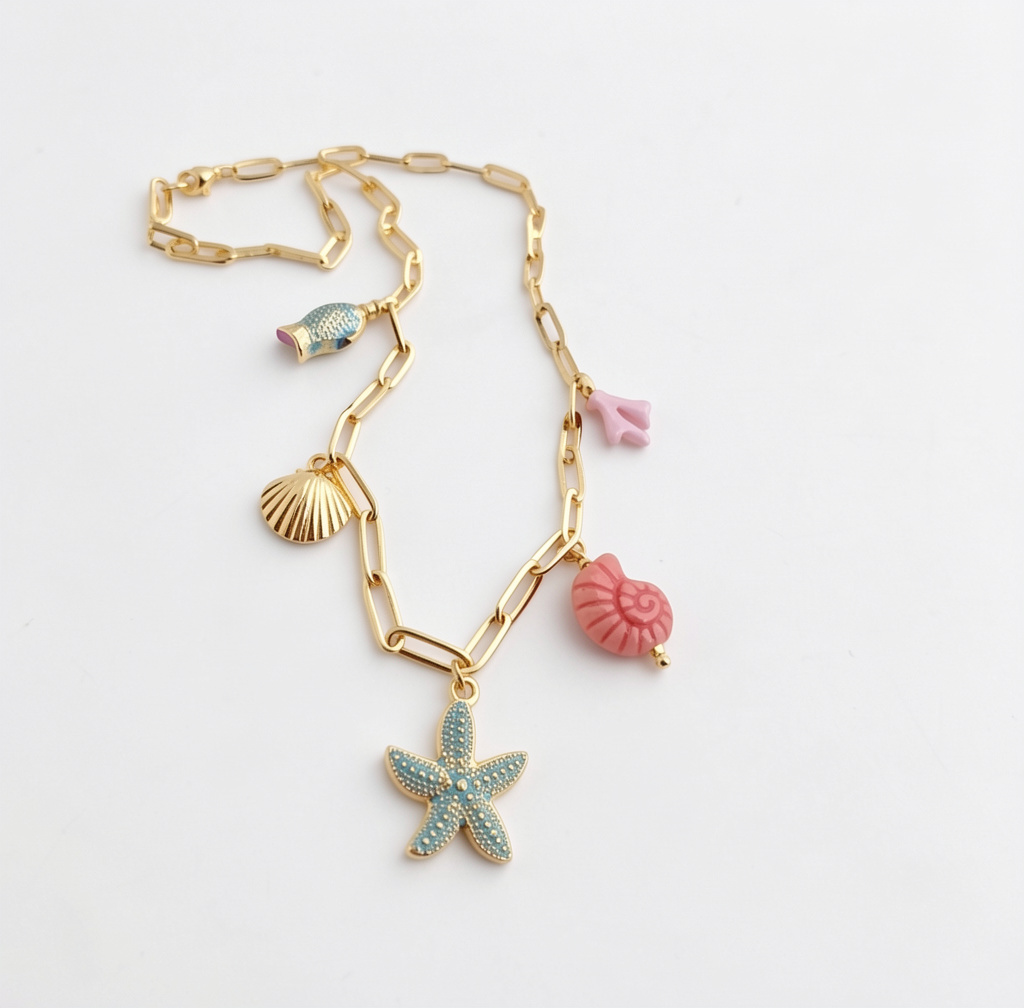 Mixed Charm Necklace |Stainless Steel |Glass |Ceramic |Alloy