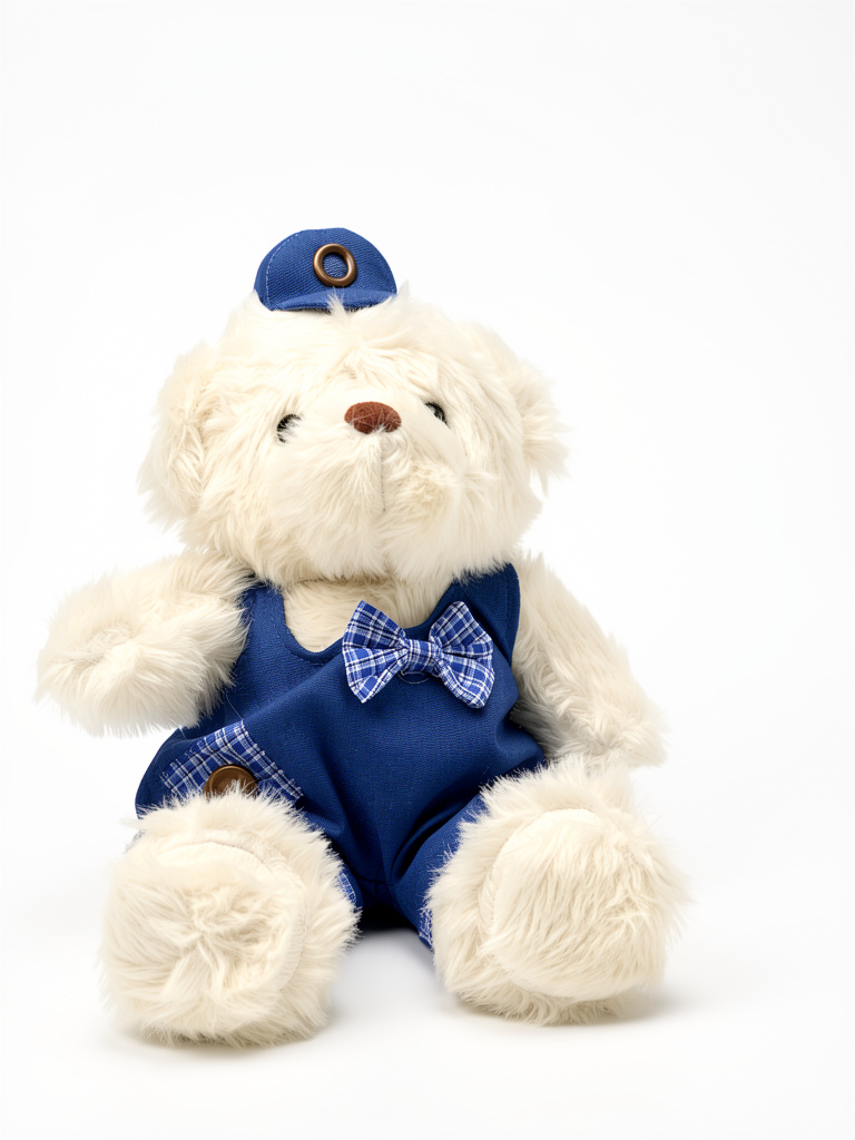 Oso blanco de peluche con traje azul