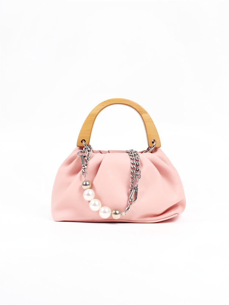 Cartera rosa pastel con mango madera