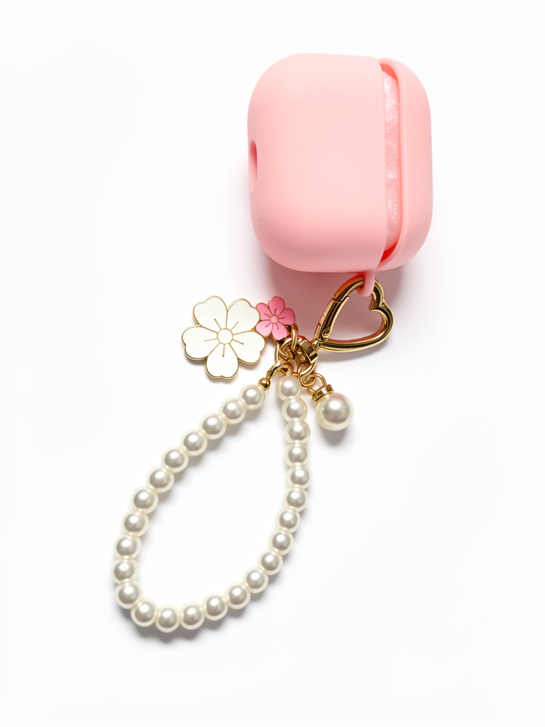 Colgante AirPods 3 rosa con perlas y flores