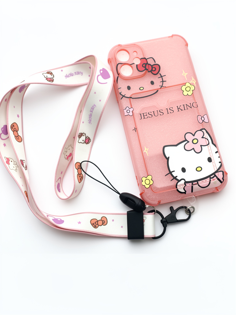 iPhone 11 normal Hello Kitty case rosado con correa