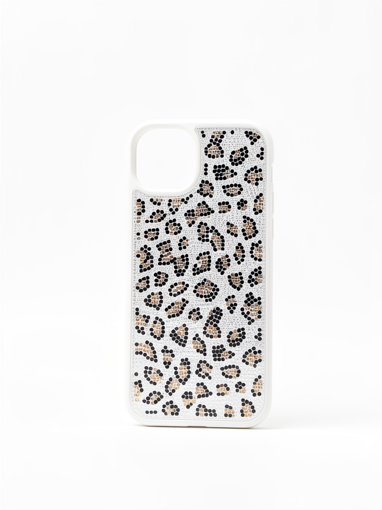 IPhone 14/15 plus Case blanco brillante leopard