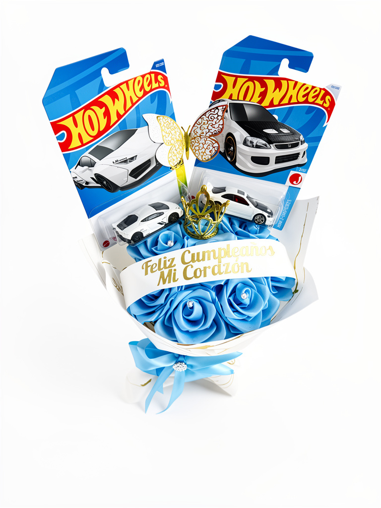 5 rosas eternas y 2 hotweels