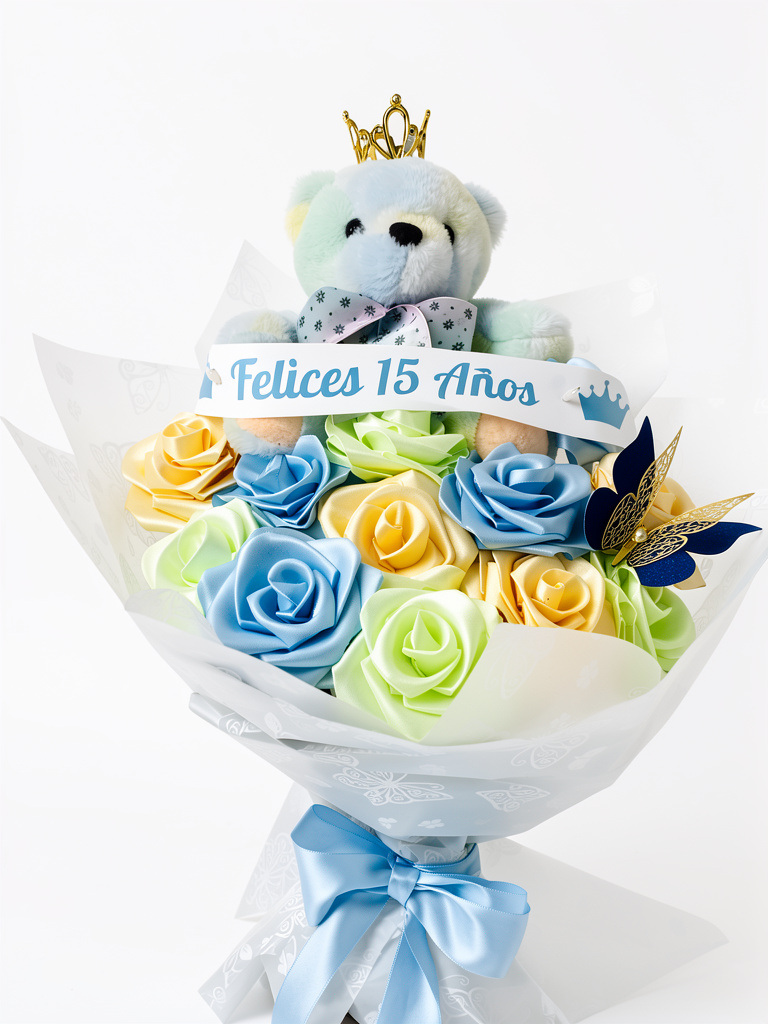 12 rosas eternas con peluche y cinta