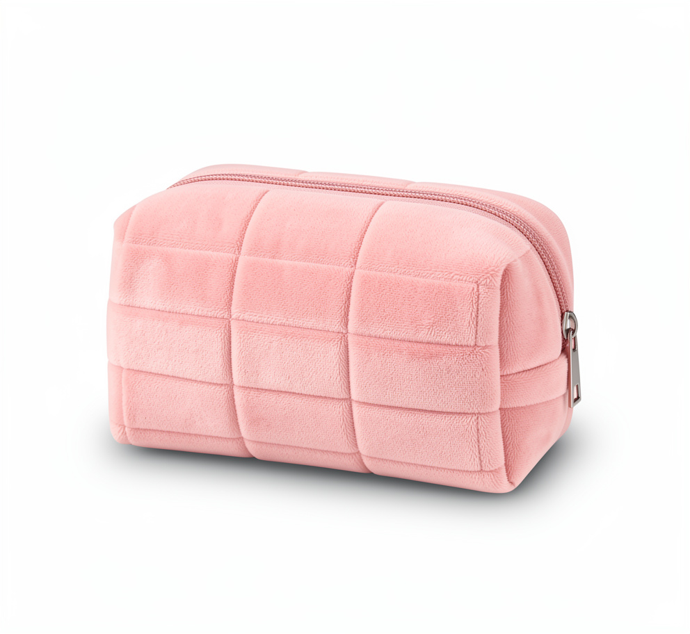Cosmetiquera de felpa a cuadros, Neceser de viaje cosmético, Neceser grande con cremallera, Neceser Rosa, Azul, Blanco