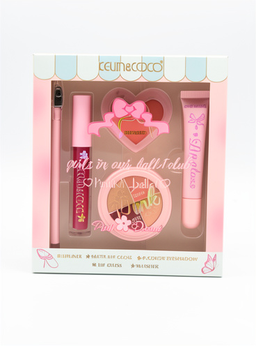 Kit de maquillaje gloss, rubor, iluminador, lapiz de ojo Kevin y coco