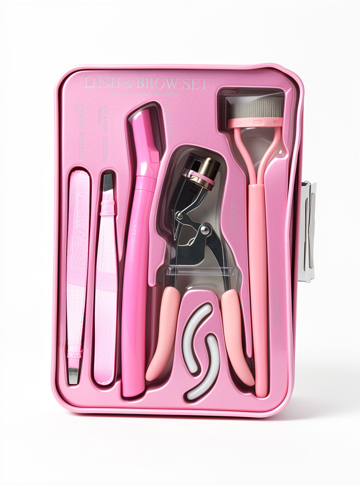 CAJA METALICA ROSA DE 5 PIEZAS PARA CUIDADO DE LAS CEJAS Y PESTAÑA