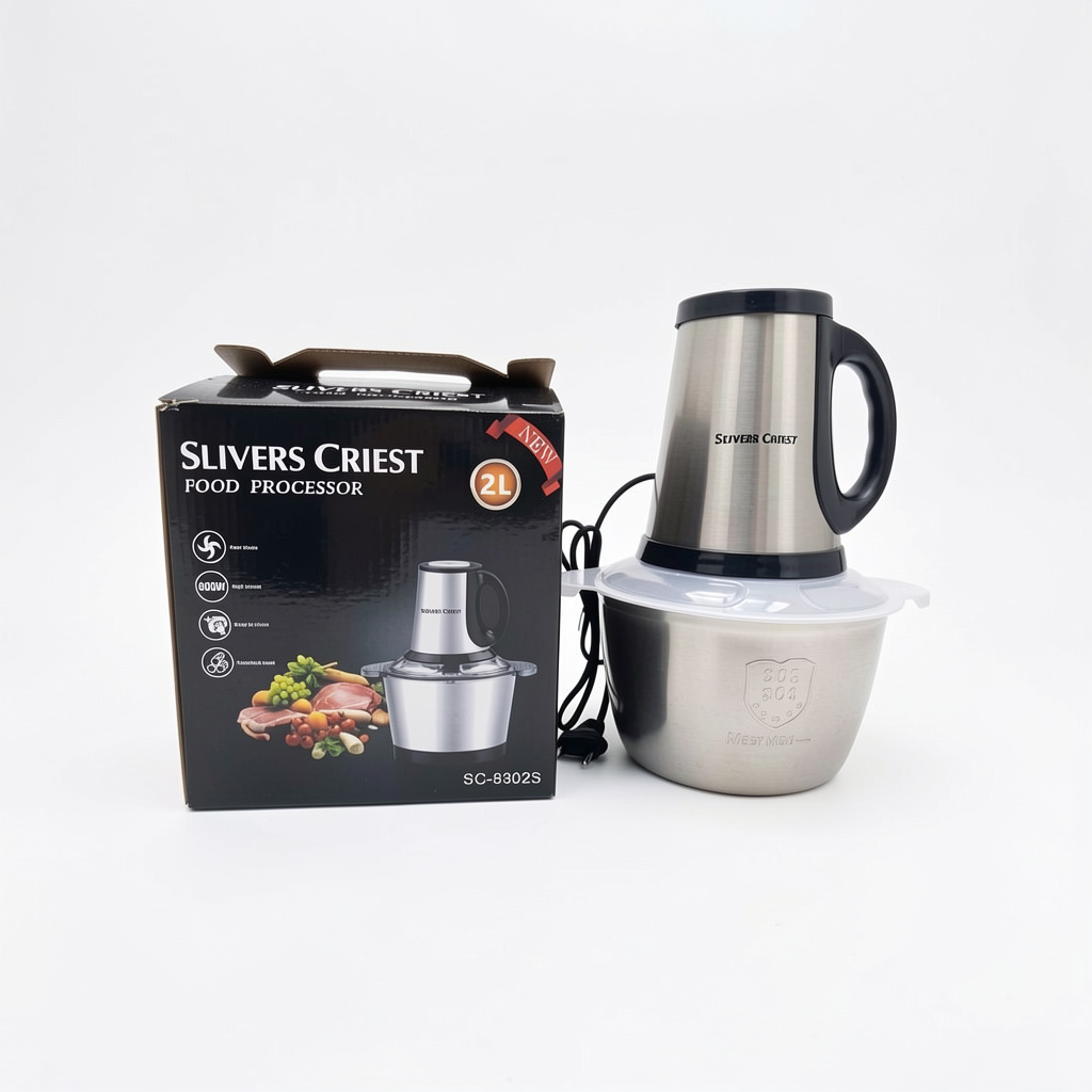 Procesador de alimentos de la marca Slivers Criest, modelo SC-8302S*  Tiene una capacidad de 2 litros, motor de 800 W y cuchillas cuádruples. 
Está fabricado con acero inoxidable, lo que lo hace fácil de limpiar. 
 Sirve para picar y procesar diversos ingredientes como carne, verduras y frutas.