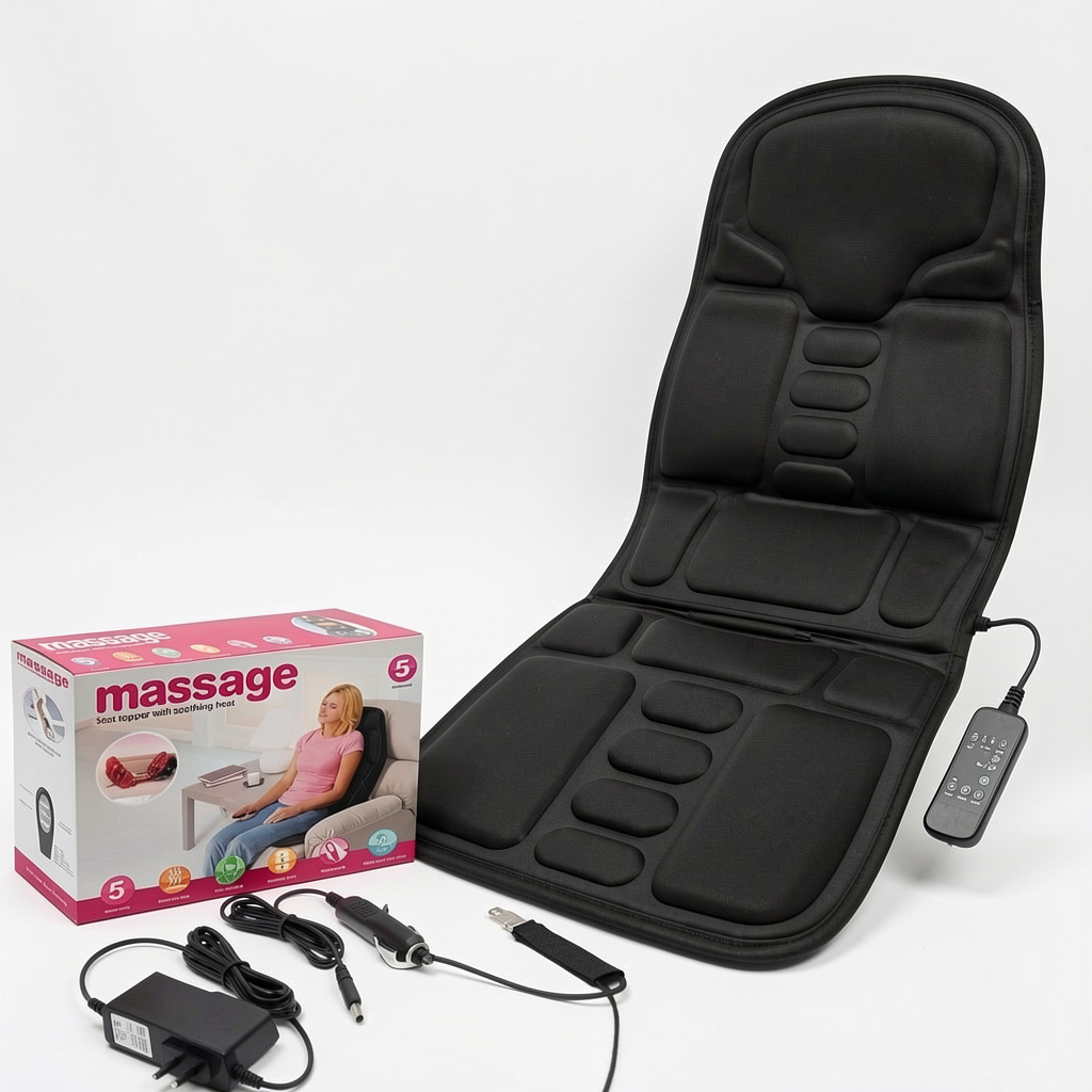 Asiento de masaje robótico diseñado para brindar alivio y relajación muscular en casa, en la oficina o en el automóvil.     Funciones: Ofrece masajes vibratorios con múltiples modos (hasta 8 modos) y zonas de masaje que cubren cuello, espalda, cintura y cadera.  Calor Terapéutico: Incluye una función de calor ajustable para mejorar la circulación sanguínea y relajar los músculos tensos.  Diseño: Es portátil, ligero y cuenta con un control remoto práctico para personalizar la intensidad y el tipo
