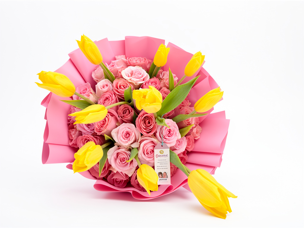 Ramo  de 50 rosas rosas y 10 tulipanes amarillos