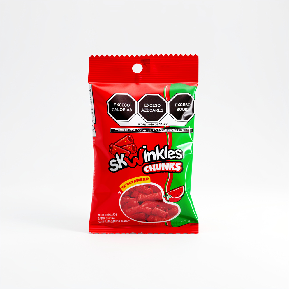Skwinkles Chunks sabor sandía con relleno sabor chamoy