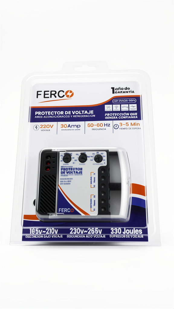 PROTECTOR DE VOLTAJE P/EQUIPOS DE REFRIGERACION Y A/A 220V/30A. FERCO (CABLE/CABLE)