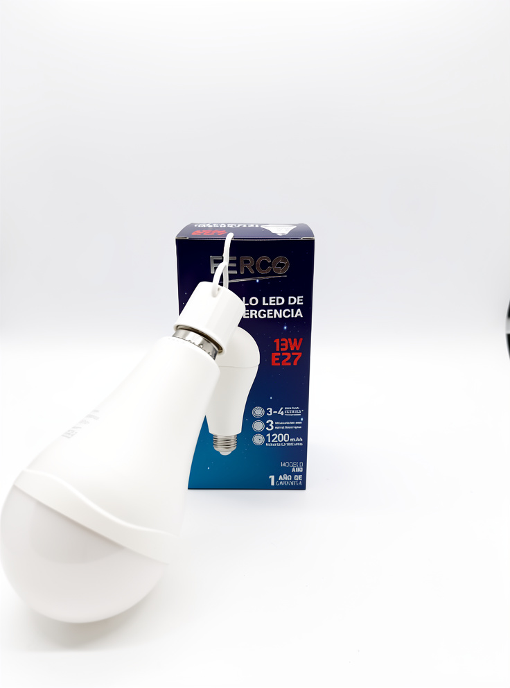 BOMBILLO AHORRADOR RECARGABLE LED BULBO 13W, 6500K, E-27. FERCO (100-240V)