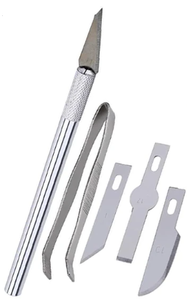 Kit presición  bisturí c/ cuatro hojas corte + pinza
