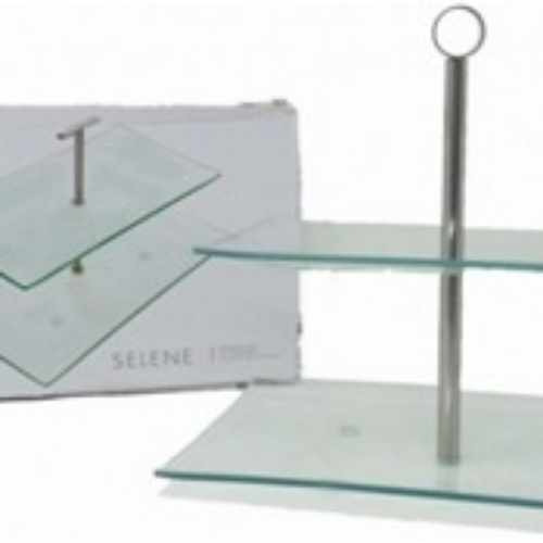 Base exhibidora rectangular vidrio dos pisos con soporte metal p/muffin canape en caja