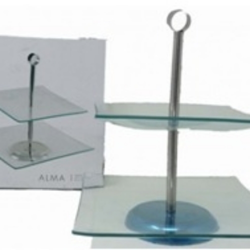 Base exhibidora cuadrada vidrio 2 pisos c/ soporte metal p/ muffins canapes en caja