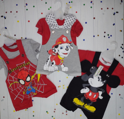 +PB0241 CONJUNTO ALGODON PERSONAJES BEBE (REMERA+JARDINERA) "DIKAROS"