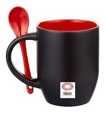TAZA DE CERAMIRA MAGICA INTERIOR ROSA CON CUCHARITA TERMINACION CONICA