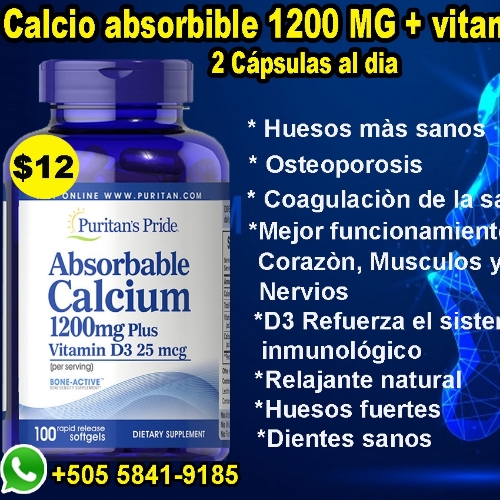 Calcio absorvible 1200mg + D3 Frasco de 100 Cápsulas