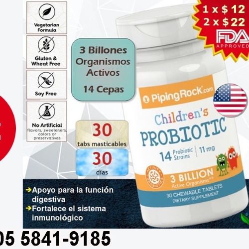 Probioticos Niños 3 Billones, Frasco de 30 Tabletas Masticables / PipingRock