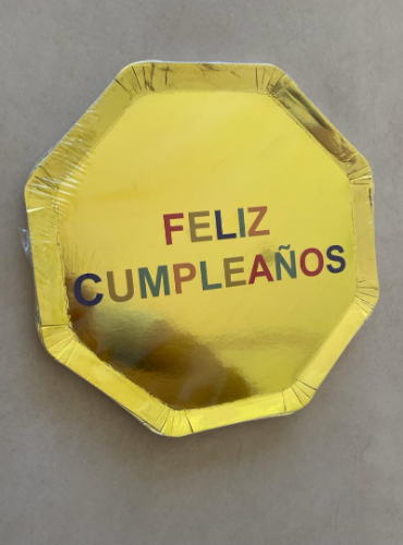 Plato Metalizado Oro Feliz Cumpleaños x 10 u