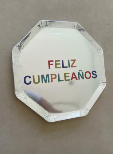Plato Metalizado Plata Feliz Cumpleaños x 10 u