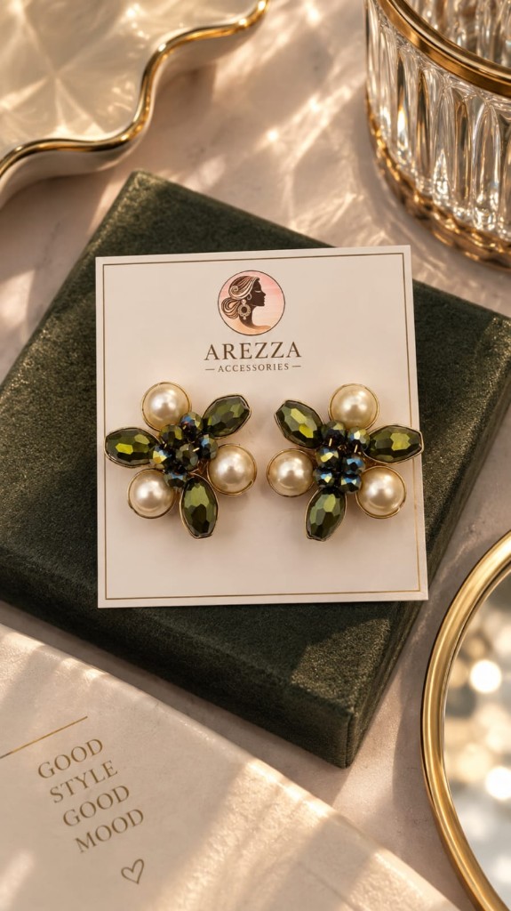 Arete con perla de cristal verde