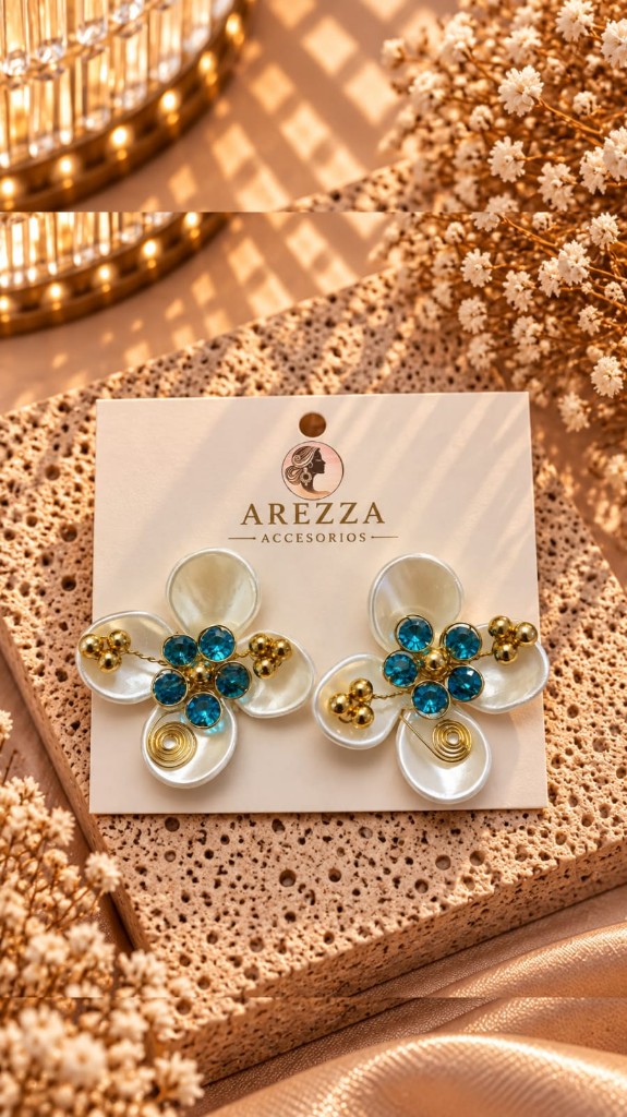 Aretes flor blanca con piedras azules