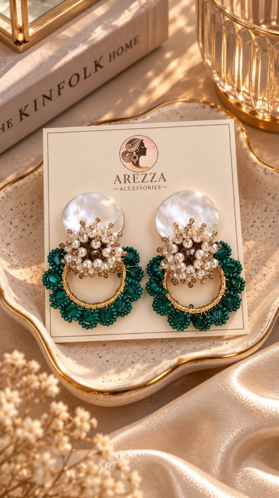Arete concha nacar perlitas blancas
