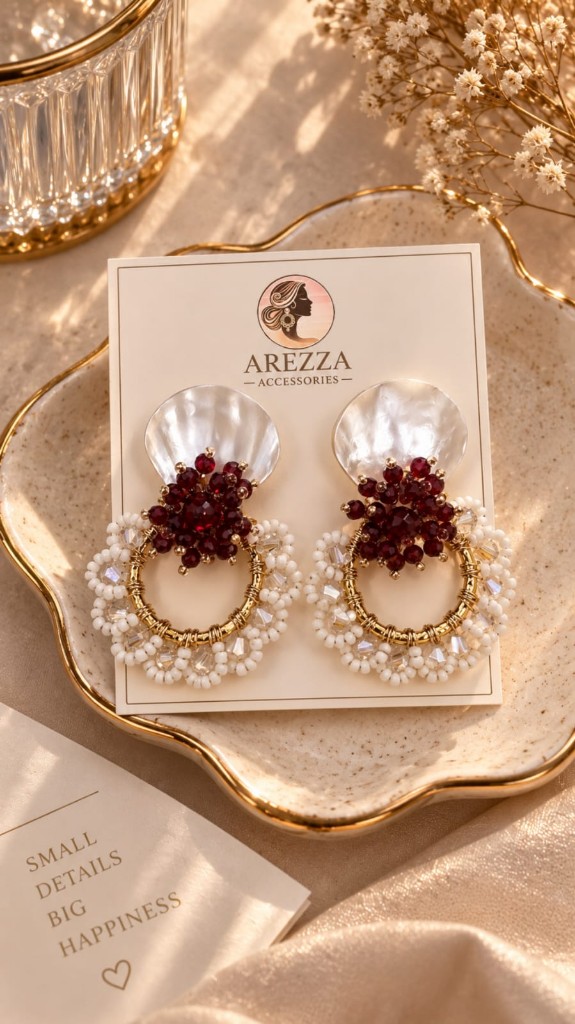 Arete concha nacar y perlitas rojas