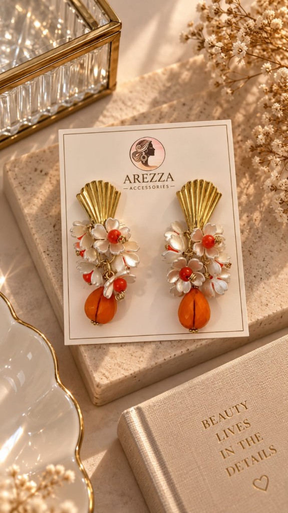 Arete color naranja y flores blancas
