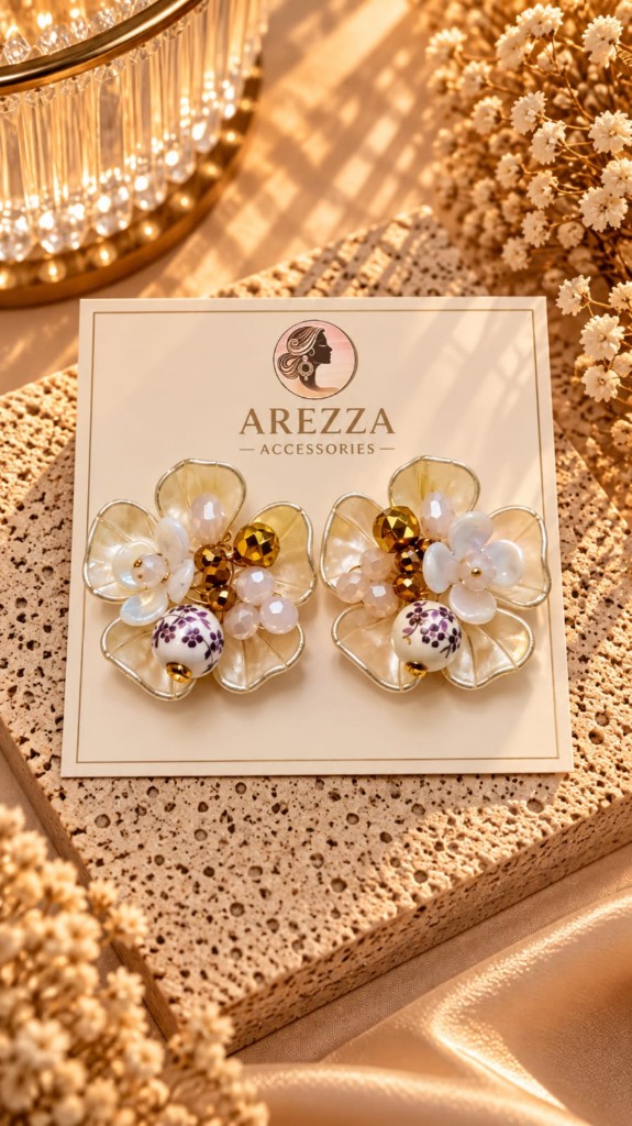 Arete flor blanca piedra porcelana