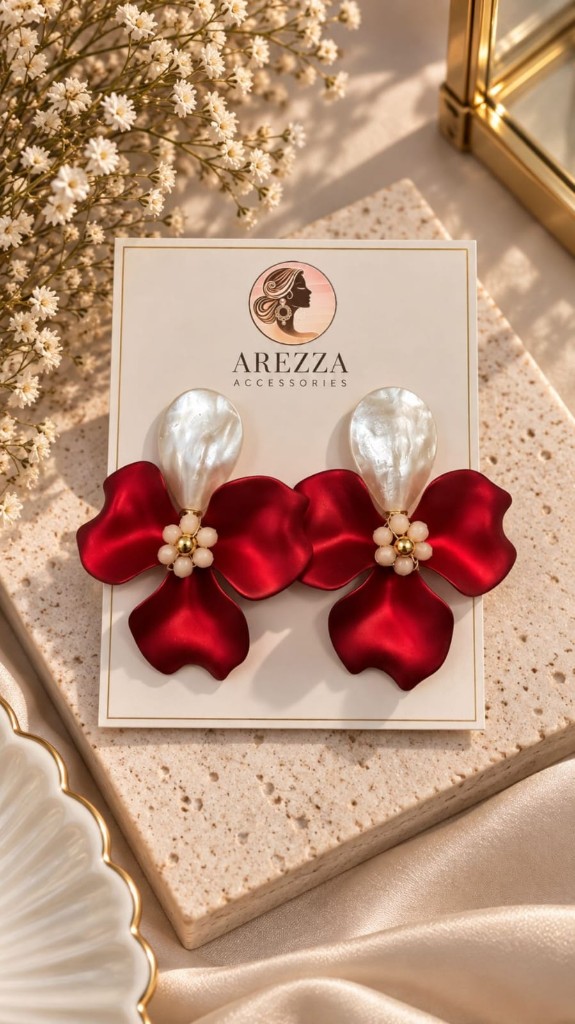 Arete concha nacar y flor roja