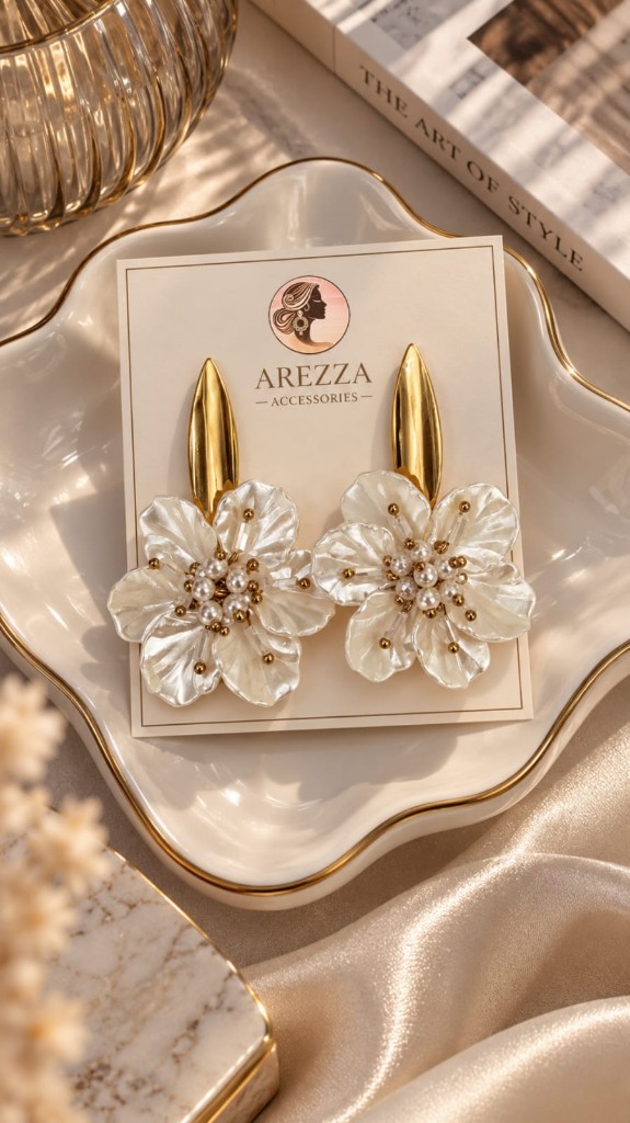 Arete base acero y flor blanca