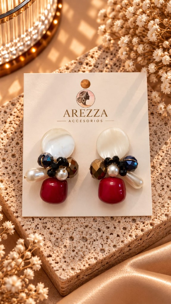 Arete rojo y concha nacar