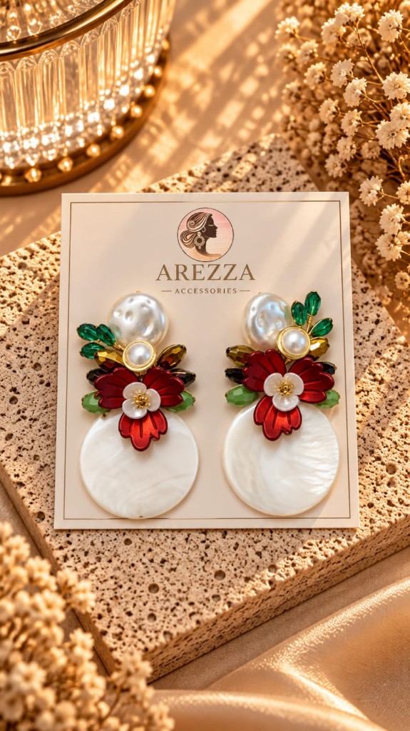 Aretes piedras verdes y petalos blanco