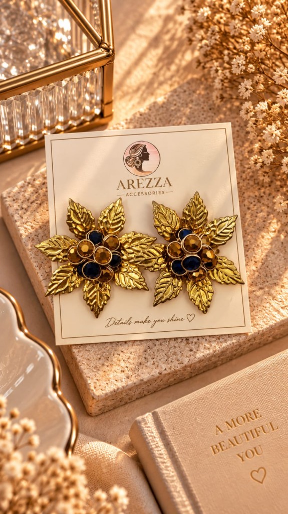 Arete flor de acero y piedras azules y doradas