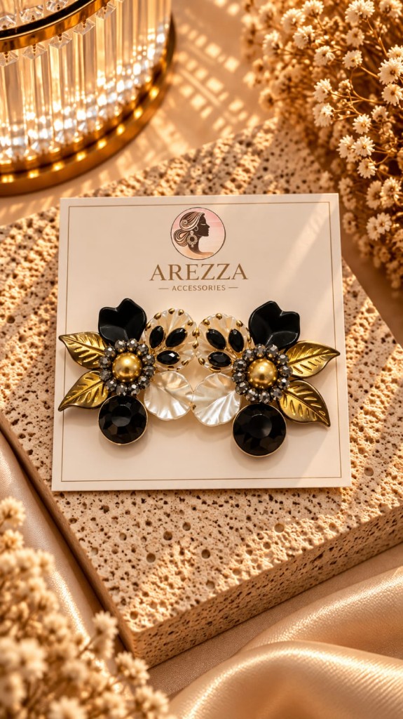Arete flor negro y blanco