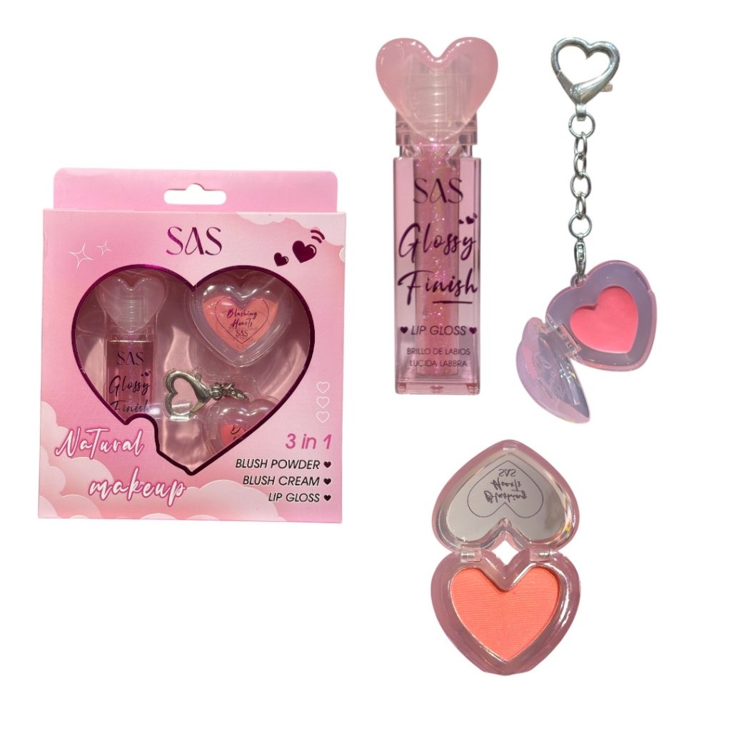 SAS maquillaje rosa 3 en 1 Gloss, dos rubores
