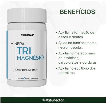Trimagnésio 500mg - Malato de Magnésio,Taurato Magnésio,Bisglicinato Magnésio. 60 Cápsulas - Natunéctar