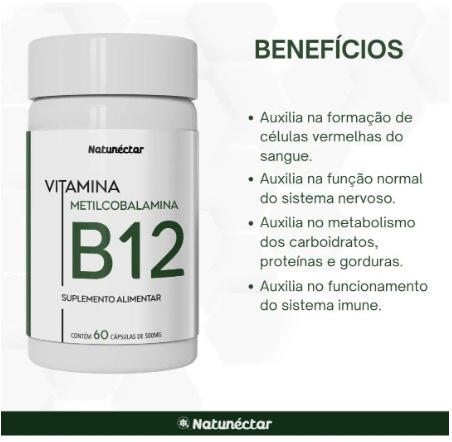 Vitamina B12 Metilcobalamina 500mg 60 Cápsulas Natunéctar