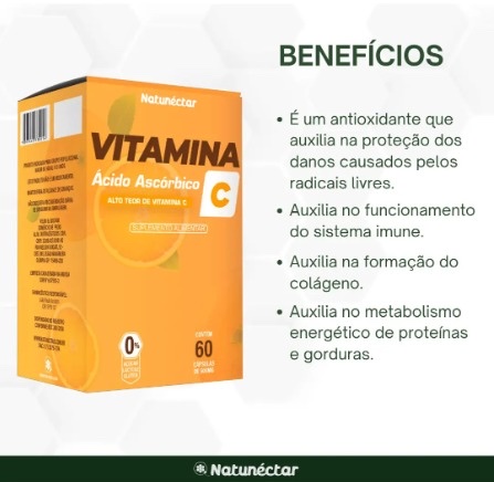 Vitamina C . Ácido Ascórbico 500mg 60 Cápsulas - Natunéctar Fortalecedor Imunologico