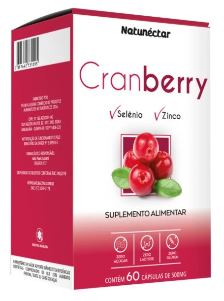 Cranberry + Selênio + Zinco 500mg - 60 Cápsulas - Natunéctar